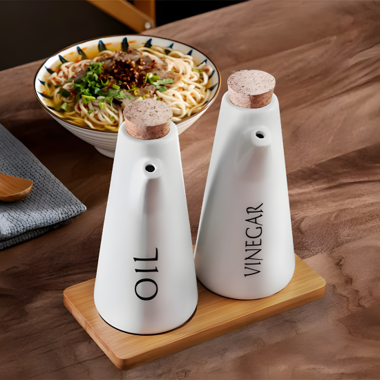 Porcelain Oil Dispenser Set 2 Pcs With Wooden Stand